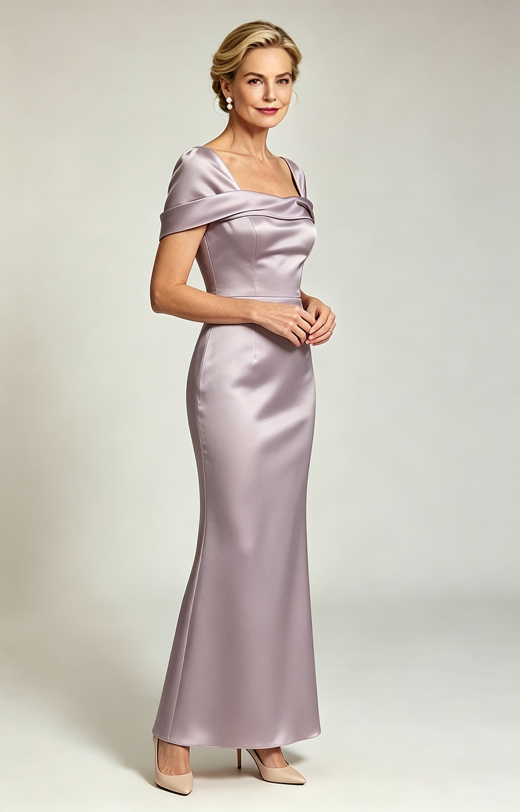 Dusty Lavender Champagne Convertible Off Shoulder Satin Mermaid Evening Gown Formal Mother of Bride Dress Front Side View