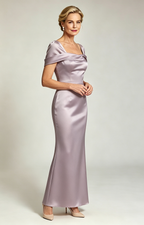 Dusty Lavender Champagne Convertible Off Shoulder Satin Mermaid Evening Gown Formal Mother of Bride Dress Front Side View