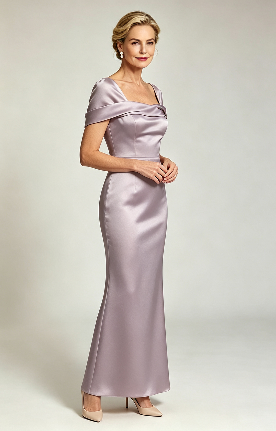 Dusty Lavender Champagne Convertible Off Shoulder Satin Mermaid Evening Gown Formal Mother of Bride Dress Front Side View