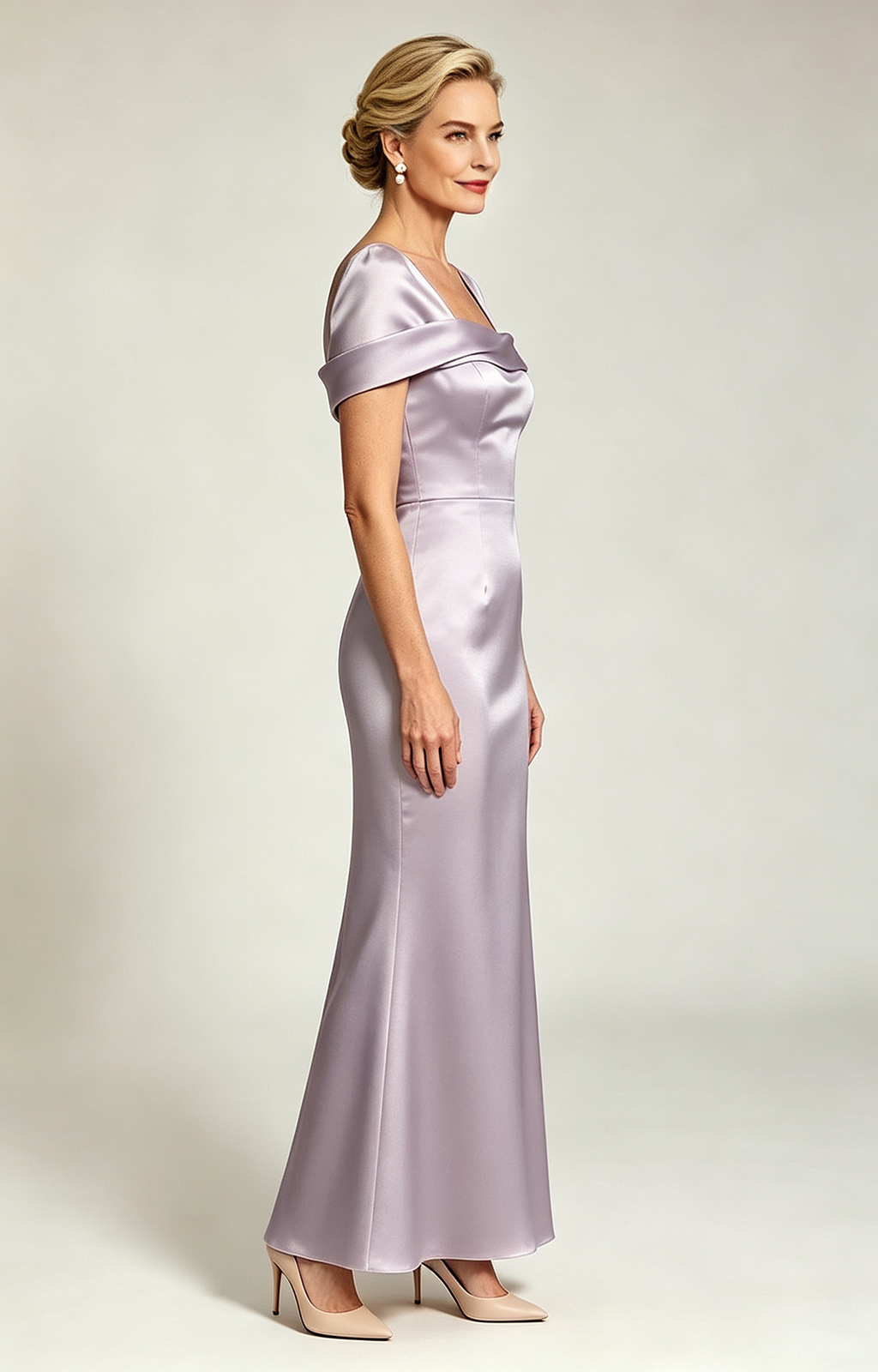 Dusty Lavender Champagne Convertible Off Shoulder Satin Mermaid Evening Gown Formal Mother of Bride Dress Side View
