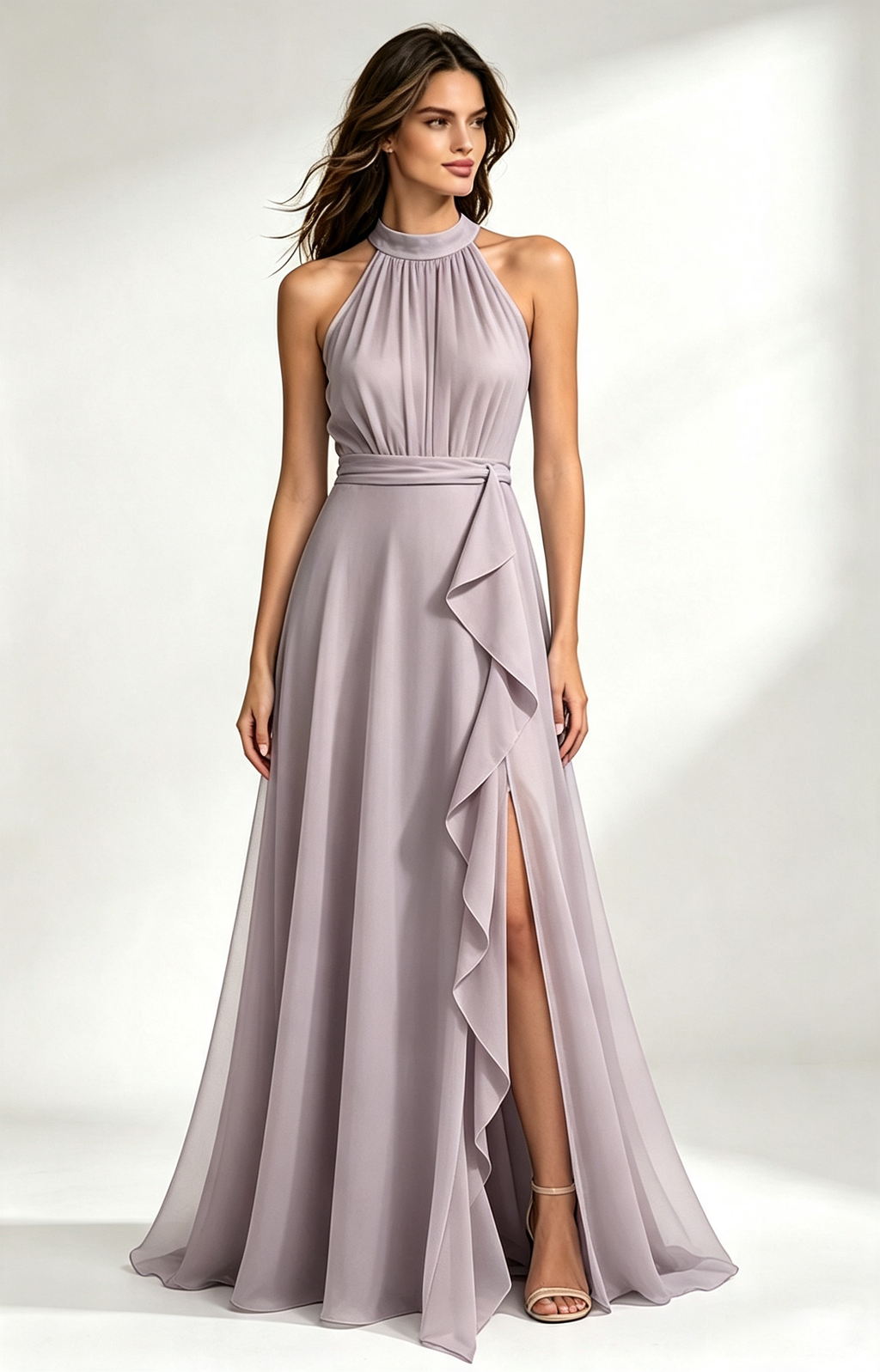 Dusty Lavender Neck Chiffon Long Formal Dress Front View