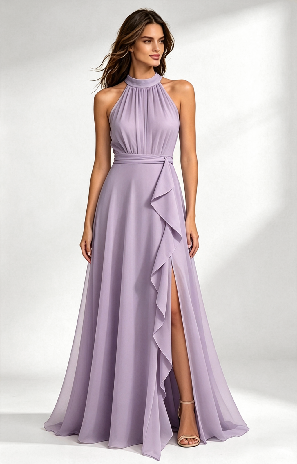 Dusty Purple  Halter Neck Chiffon Long Formal Dress Front View