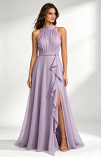 Dusty Purple  Halter Neck Chiffon Long Formal Dress Front View