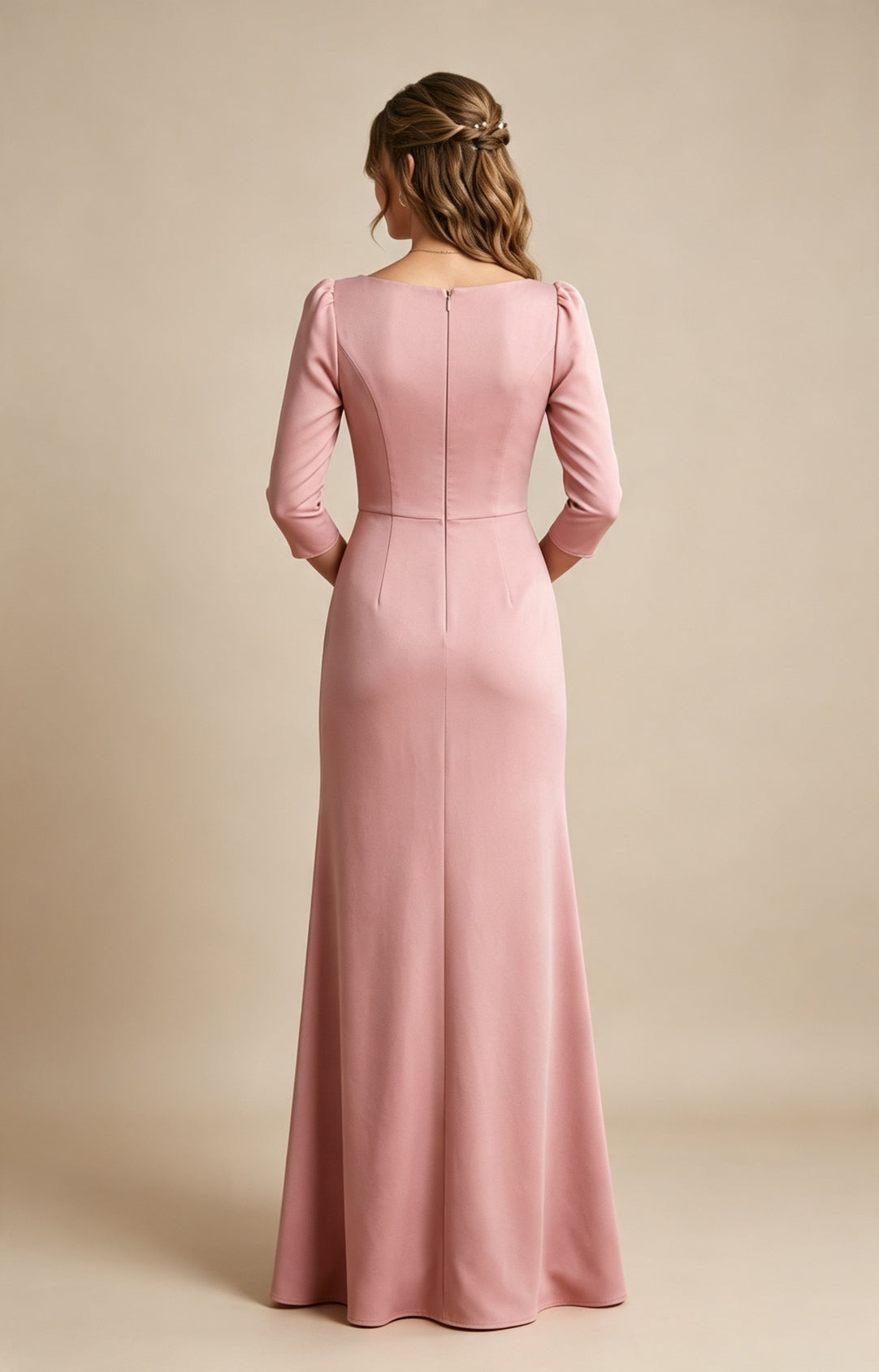 Dusty Rose V‑Neck 3/4 Sleeve Mermaid Long Bridesmaid Dress Back View