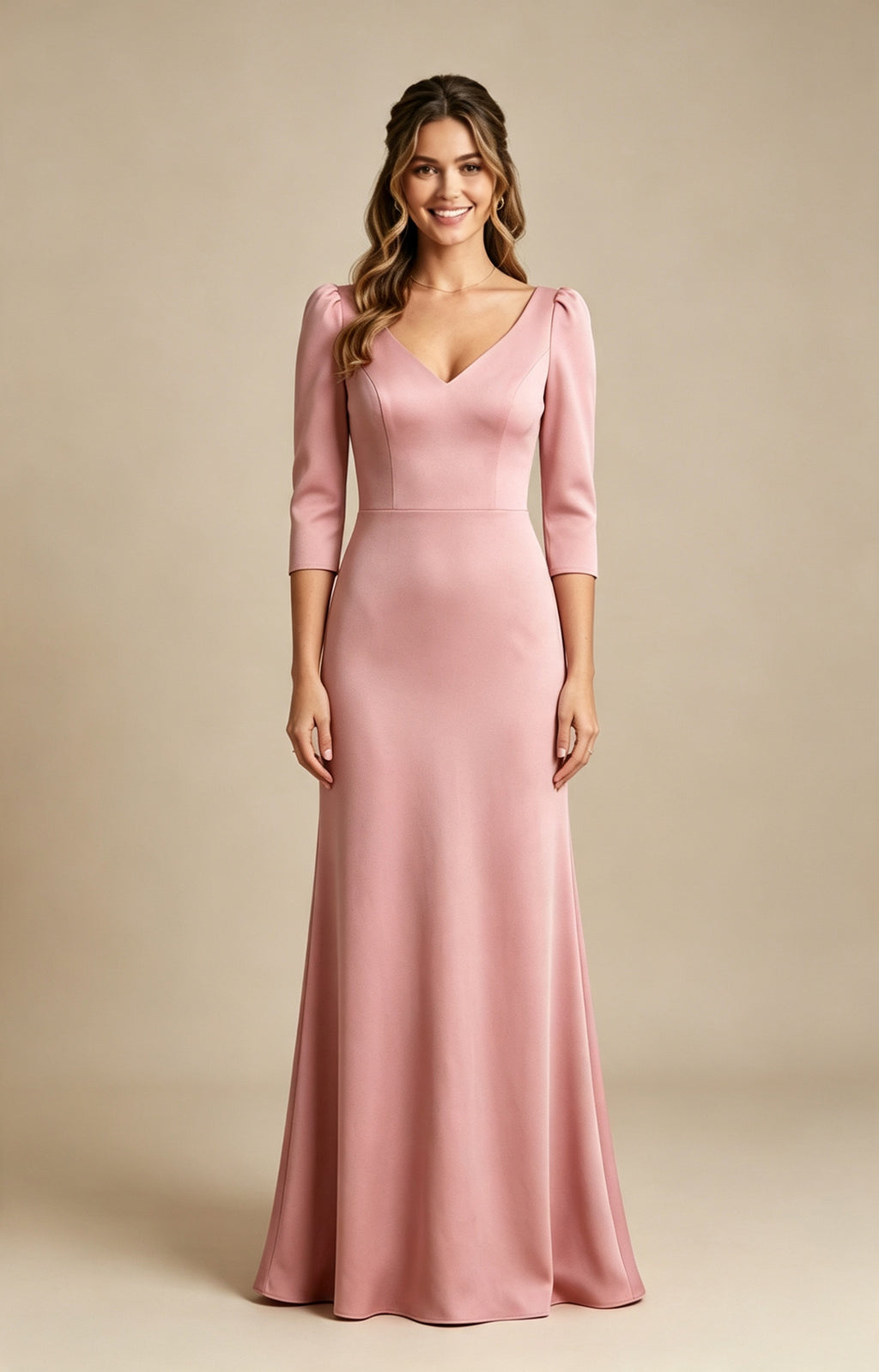 Dusty Rose V‑Neck 3/4 Sleeve Mermaid Long Bridesmaid Dress Front View