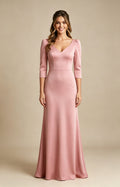 Dusty Rose V‑Neck 3/4 Sleeve Mermaid Long Bridesmaid Dress Front View