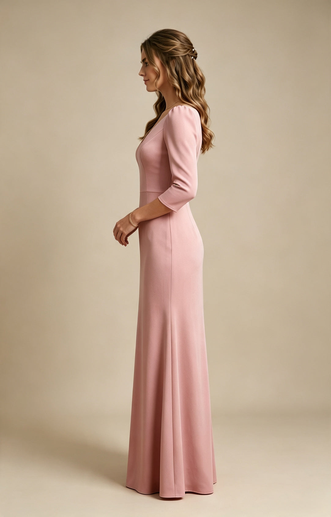 Dusty Rose V‑Neck 3/4 Sleeve Mermaid Long Bridesmaid Dress Side Detail View