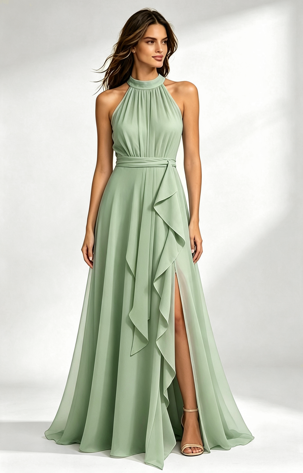 Dusty Sage Halter Neck Chiffon Long Formal Dress Front View