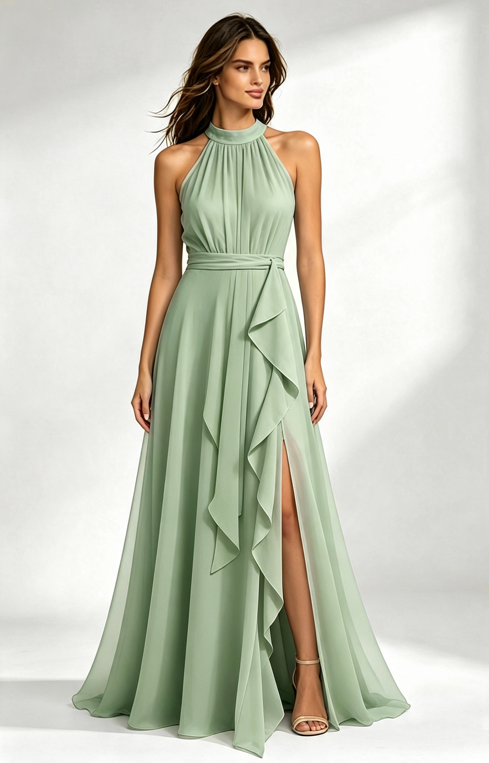 Dusty Sage Halter Neck Chiffon Long Formal Dress Front View