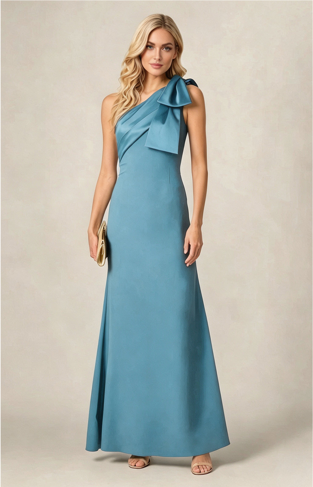 Dusty Sky Blue One‑Shoulder Bow Satin Mermaid Long Gown Front View