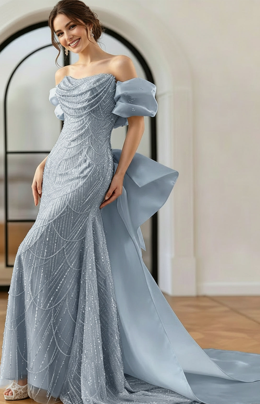 Dusty sky blue beaded mermaid prom dress with off-the-shoulder puff sleeves