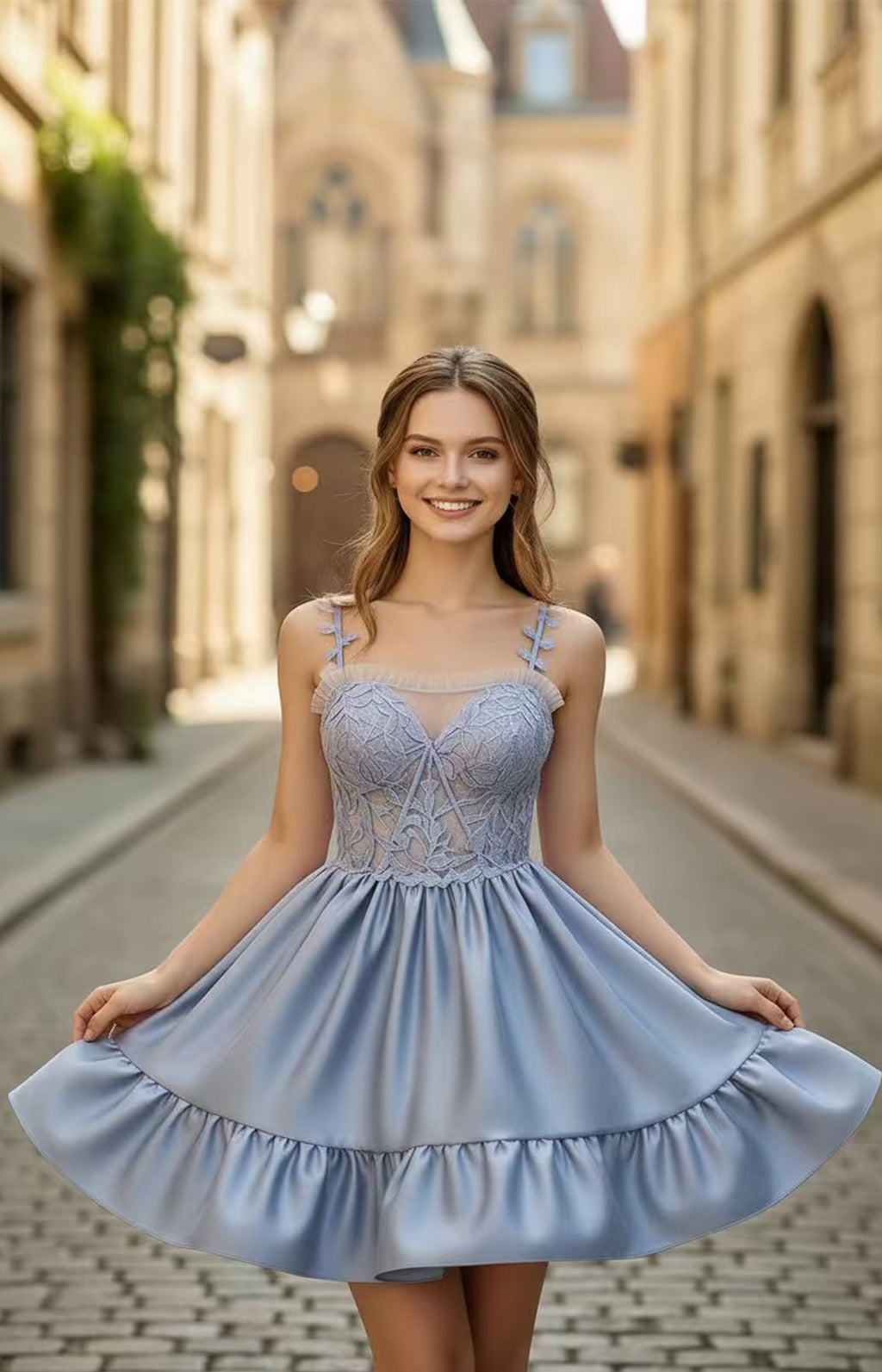 Dusty Sky Blue embroidered satin mini dress with tie bow straps and ruffle hem – front view | Xalpheor