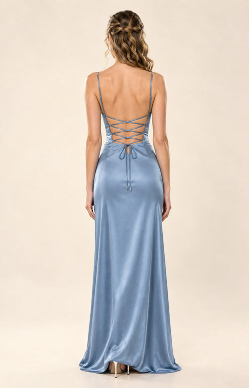 Dusty blue satin cowl neck sheath prom dress, side profile showing pleated waist and floor-length slit skirt