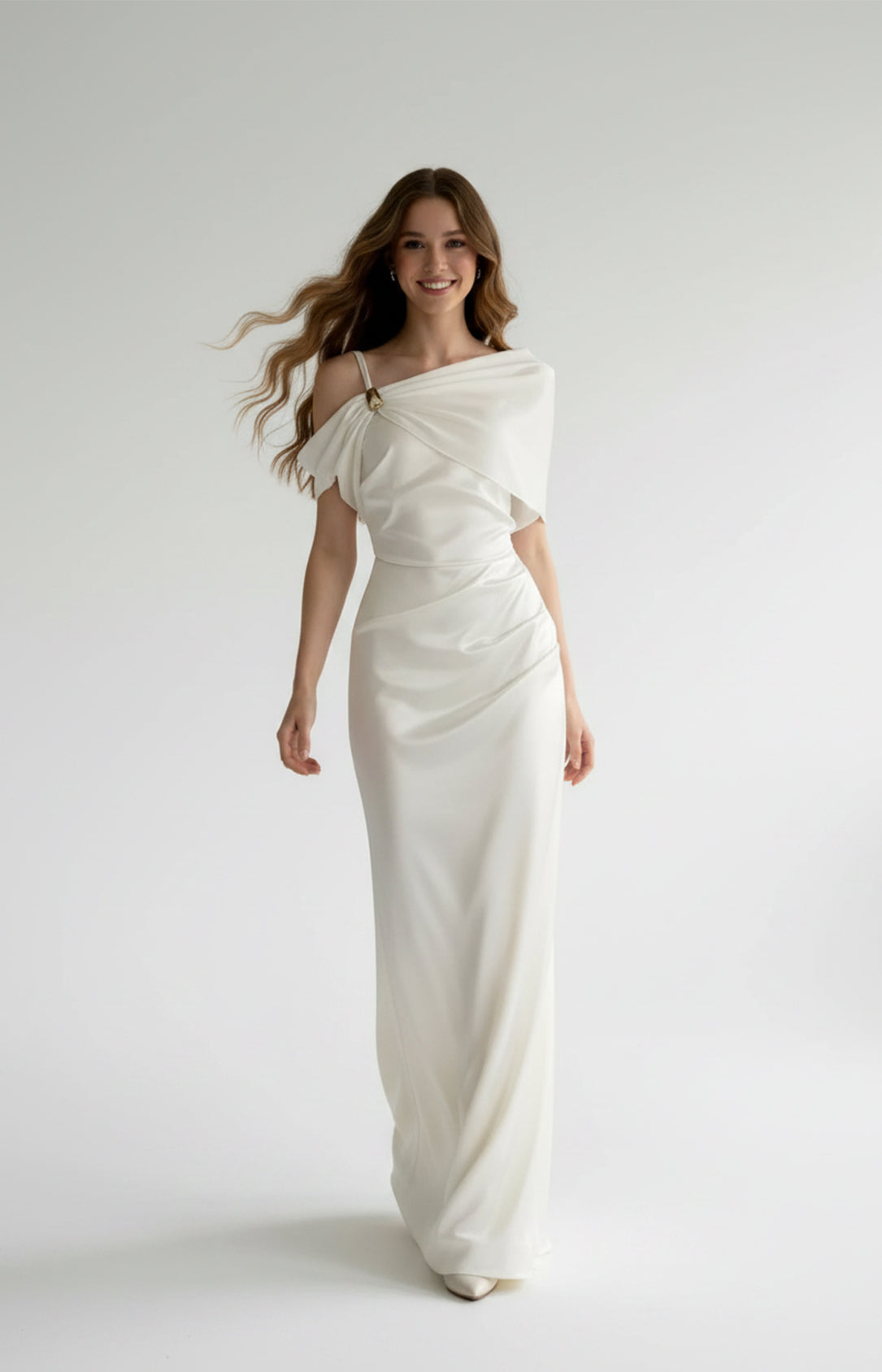 Elegant white satin one-shoulder formal dress - US bridal and evening gown