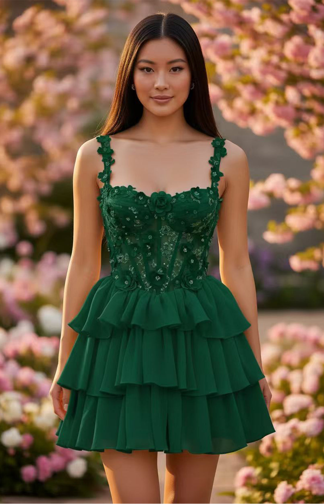 Emerald Green 3D floral applique corset tiered ruffle mini homecoming dress
