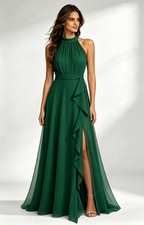 Emerald Green Halter Neck Chiffon Long Formal Dress Front View