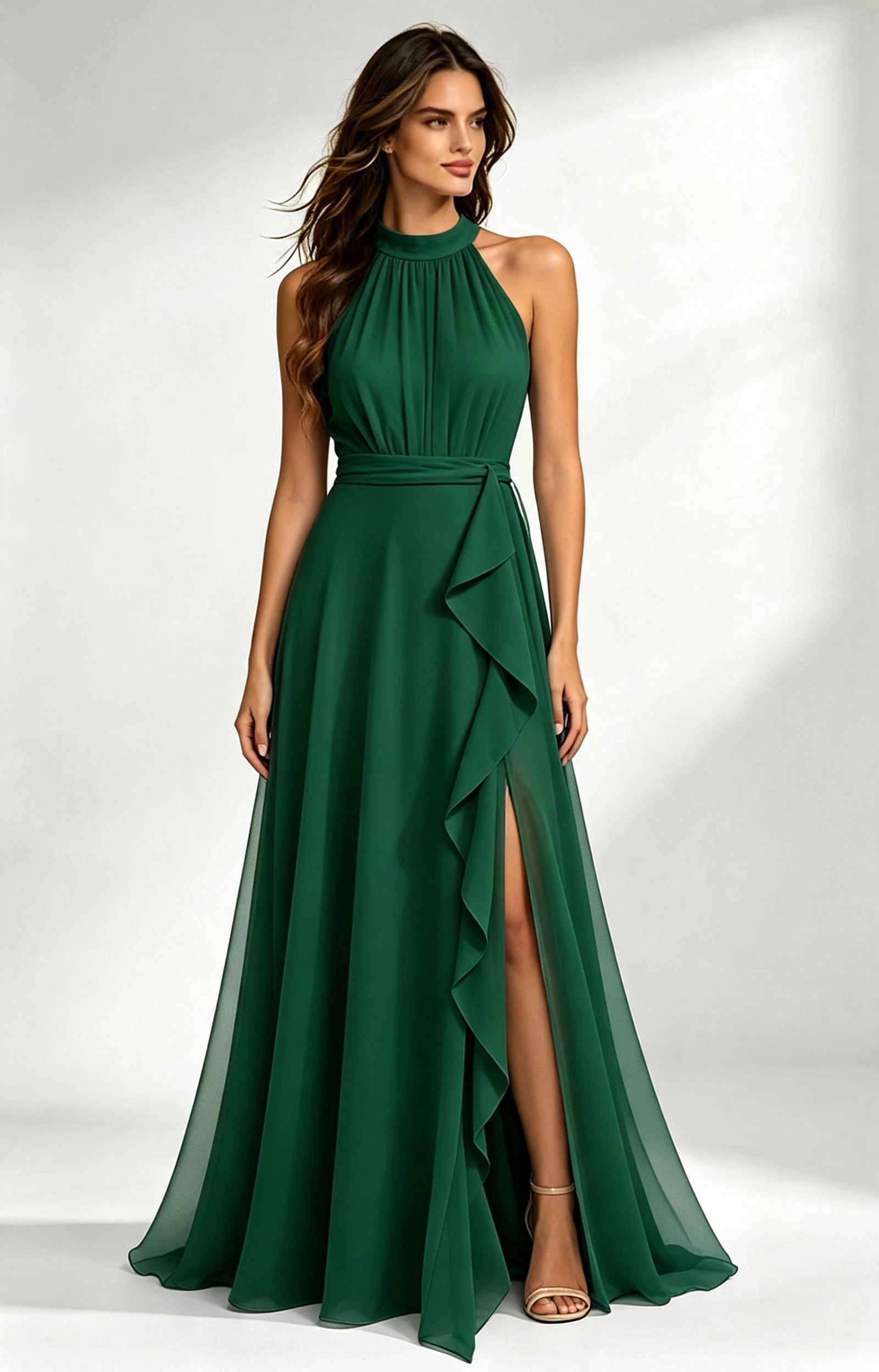 Emerald Green Halter Neck Chiffon Long Formal Dress Front View