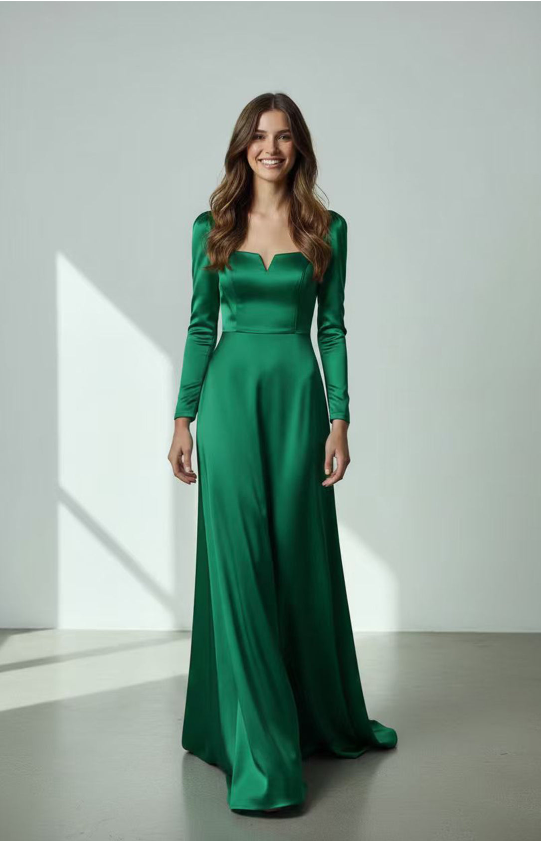 Emerald Green Heavy Satin Long Sleeve Wedding Dress Front View