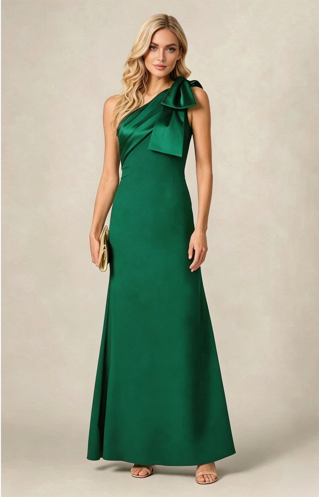 Emerald Green One‑Shoulder Bow Satin Mermaid Long Gown Front View