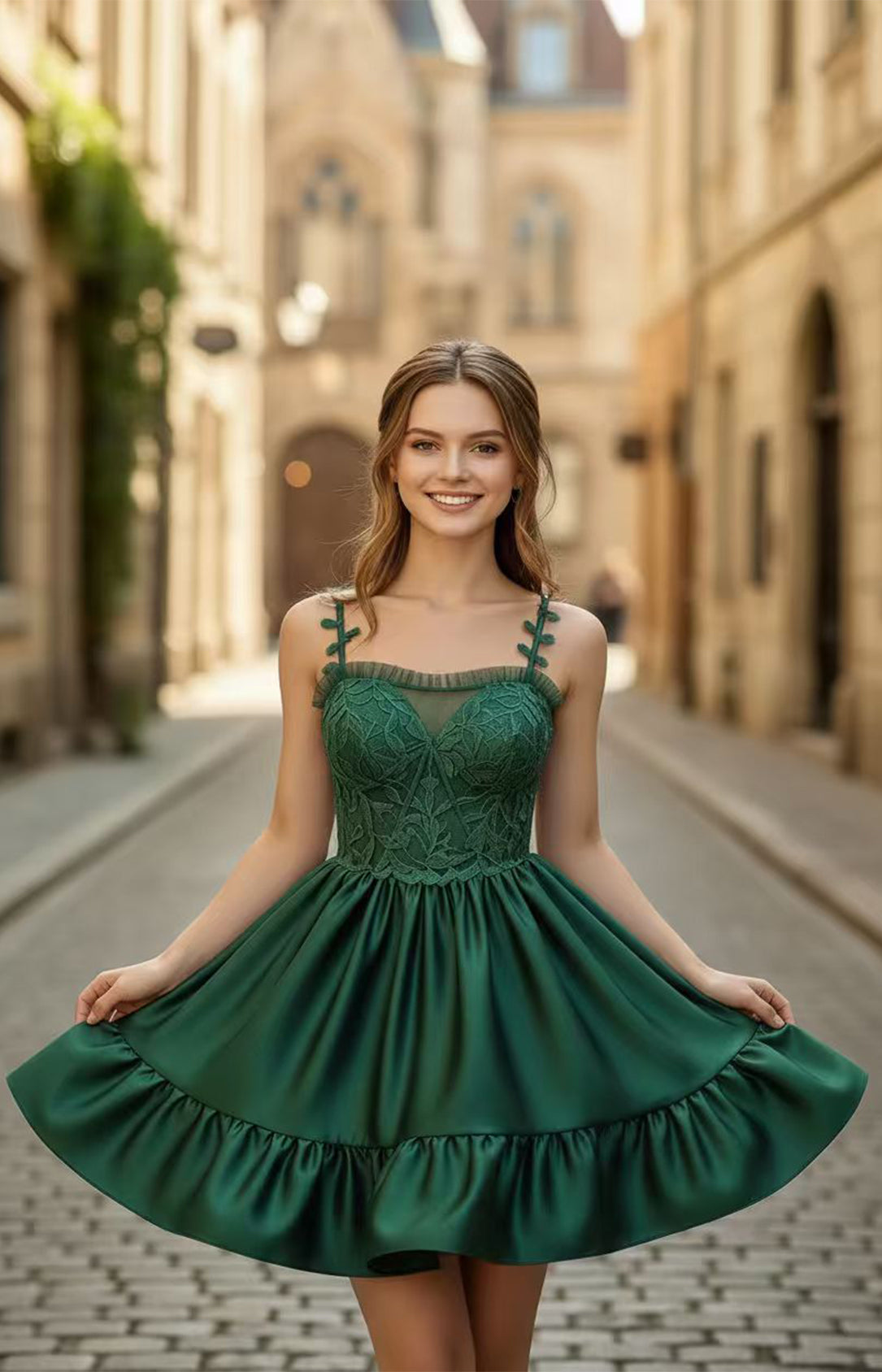Emerald Green embroidered satin mini dress with tie bow straps and ruffle hem – front view | Xalpheor
