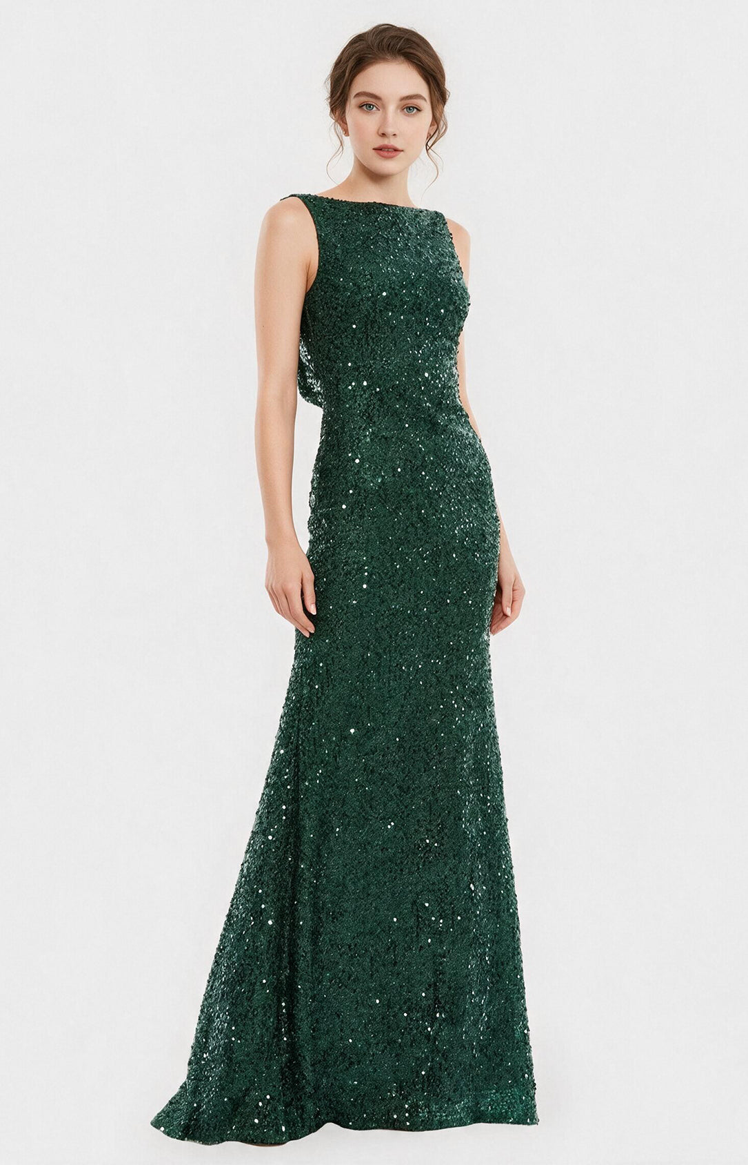 Emerald green sequin boat neck mermaid prom dress sleeveless floor length formal gown XALPHEOR