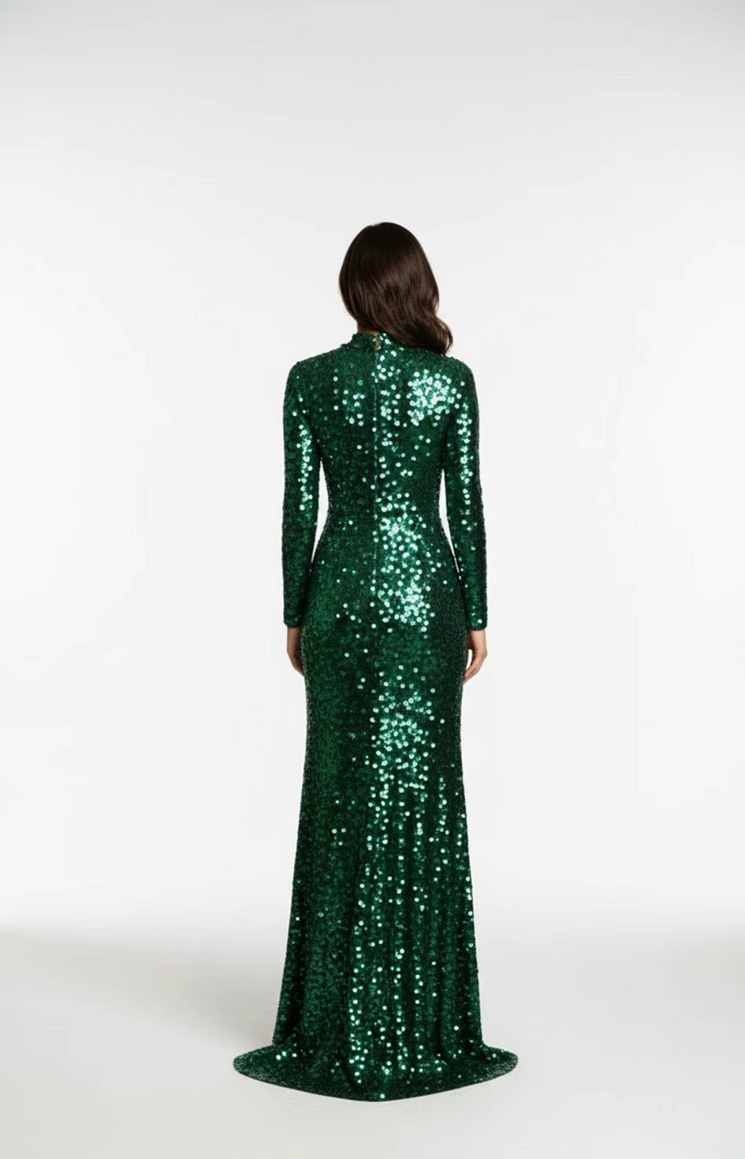 Emerald green sequin fabric high neck long sleeve mermaid formal gown back view