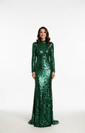 Emerald green sequin fabric high neck long sleeve mermaid formal gown front view