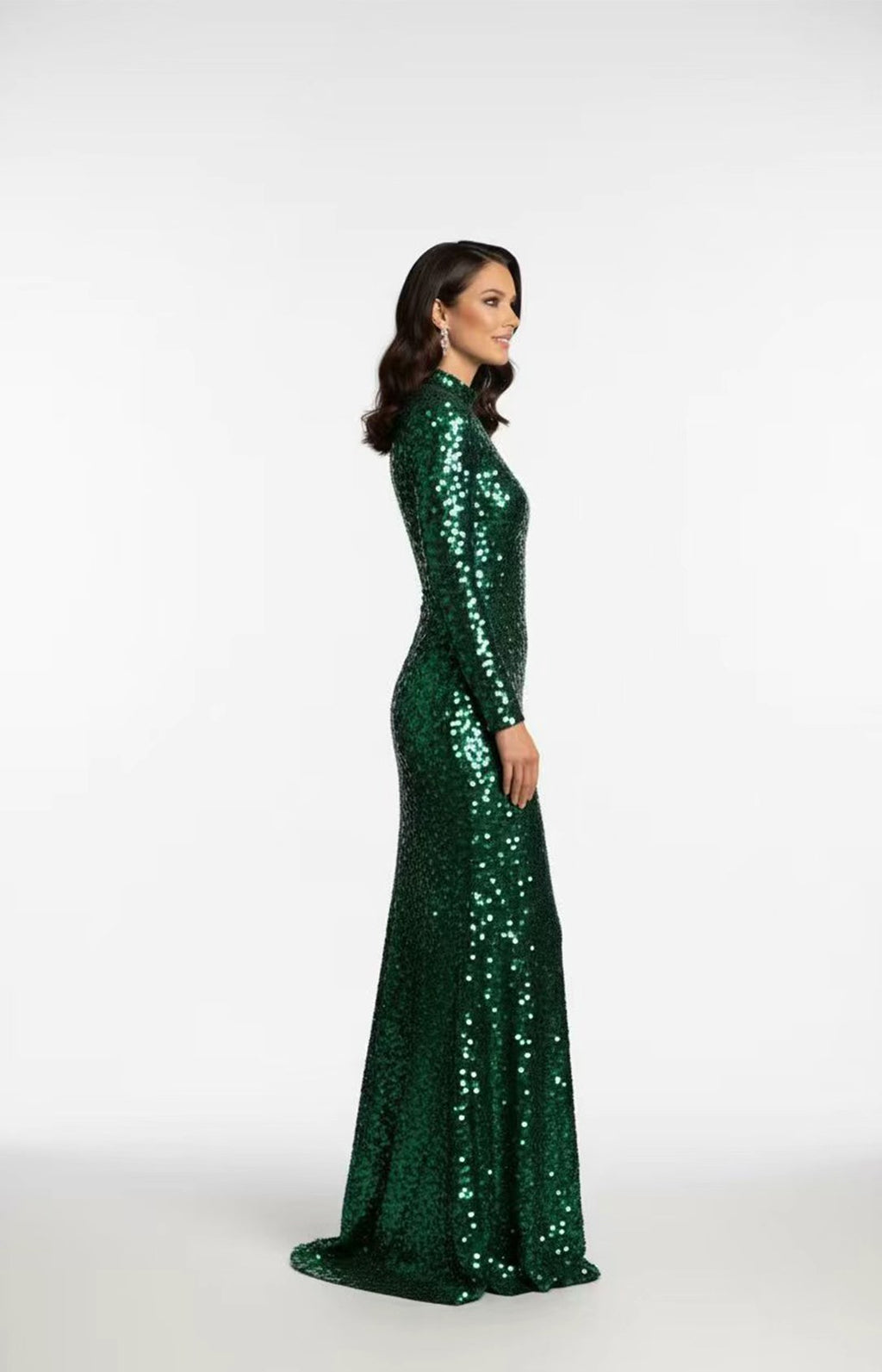 Emerald green sequin fabric high neck long sleeve mermaid formal gown side view