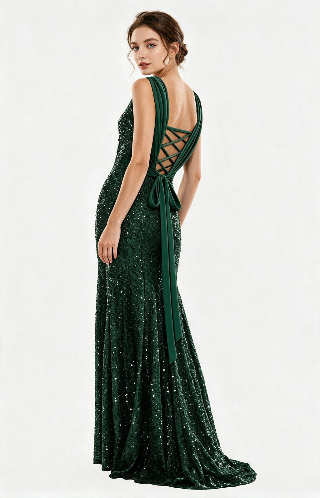 Emerald green sequin mermaid homecoming dress with lace up open back, sleeveless boat neck formal evening gown XALPHEOR