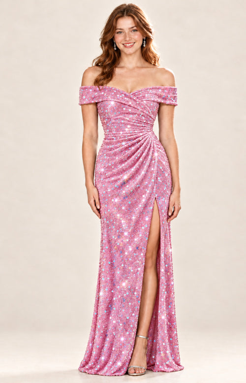 Front view of model wearing rose pink off-the-shoulder sequin ruched mermaid prom dress with high slit by XALPHEOR
