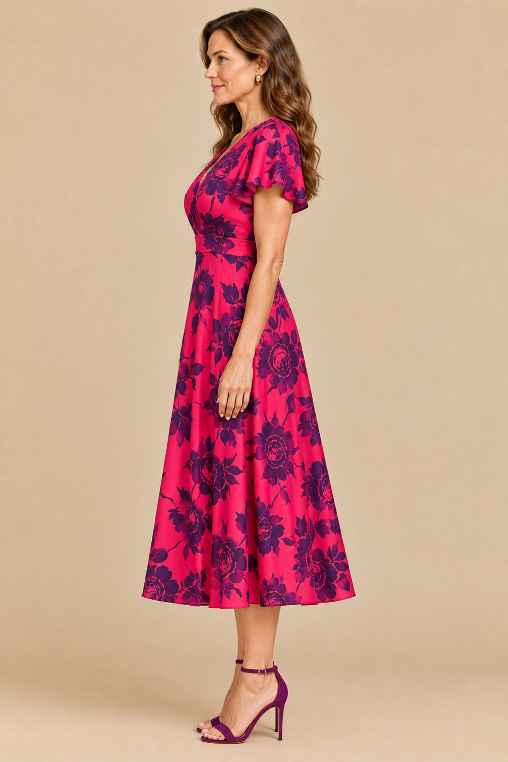 Fuchsia floral crepe A-line dress with high-low hem side view