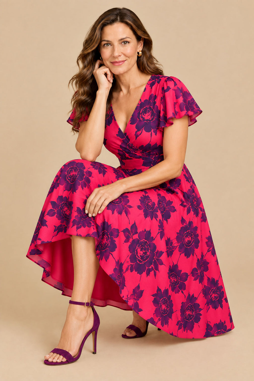 Fuchsia floral crepe dress showing high-low hem and flutter sleeve detail