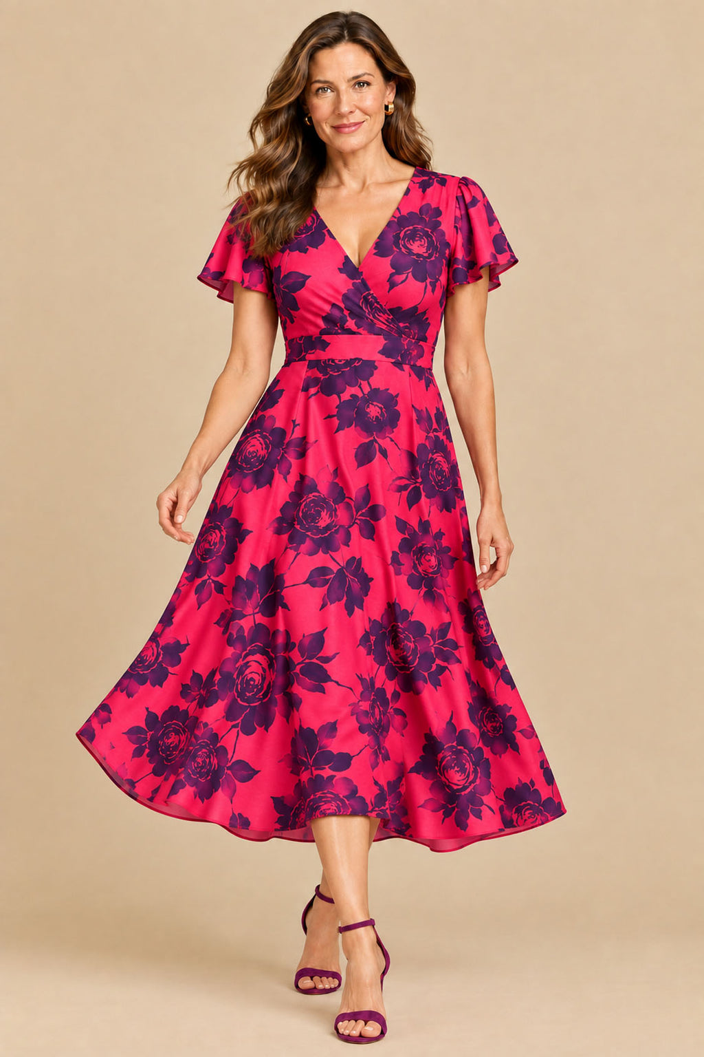 Fuchsia floral crepe flutter sleeve midi dress in motion