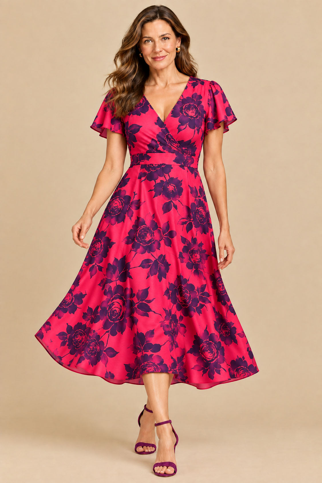 Fuchsia floral crepe flutter sleeve midi dress in motion