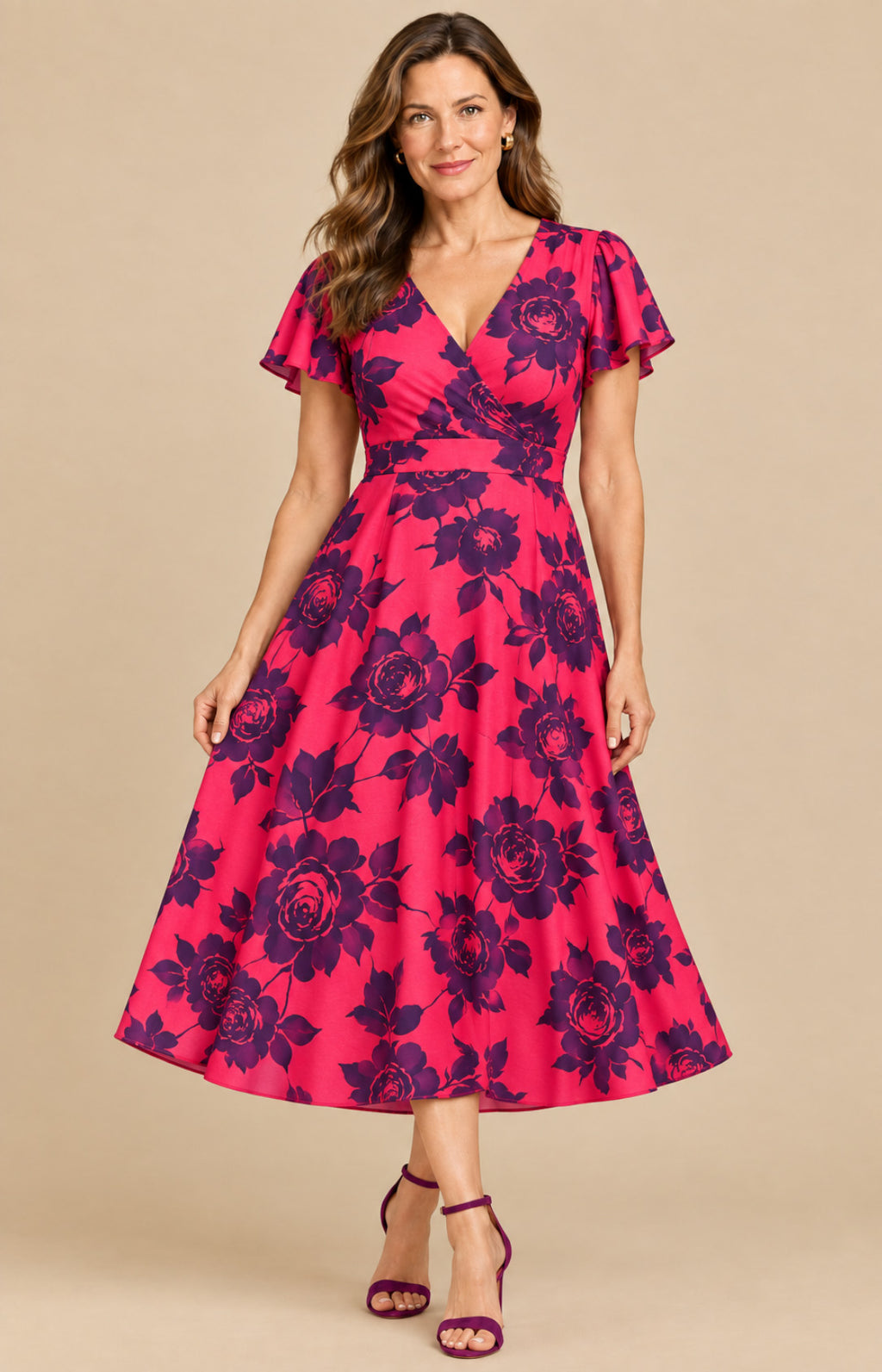 Fuchsia floral print crepe V-neck A-line mother of the bride dress front view