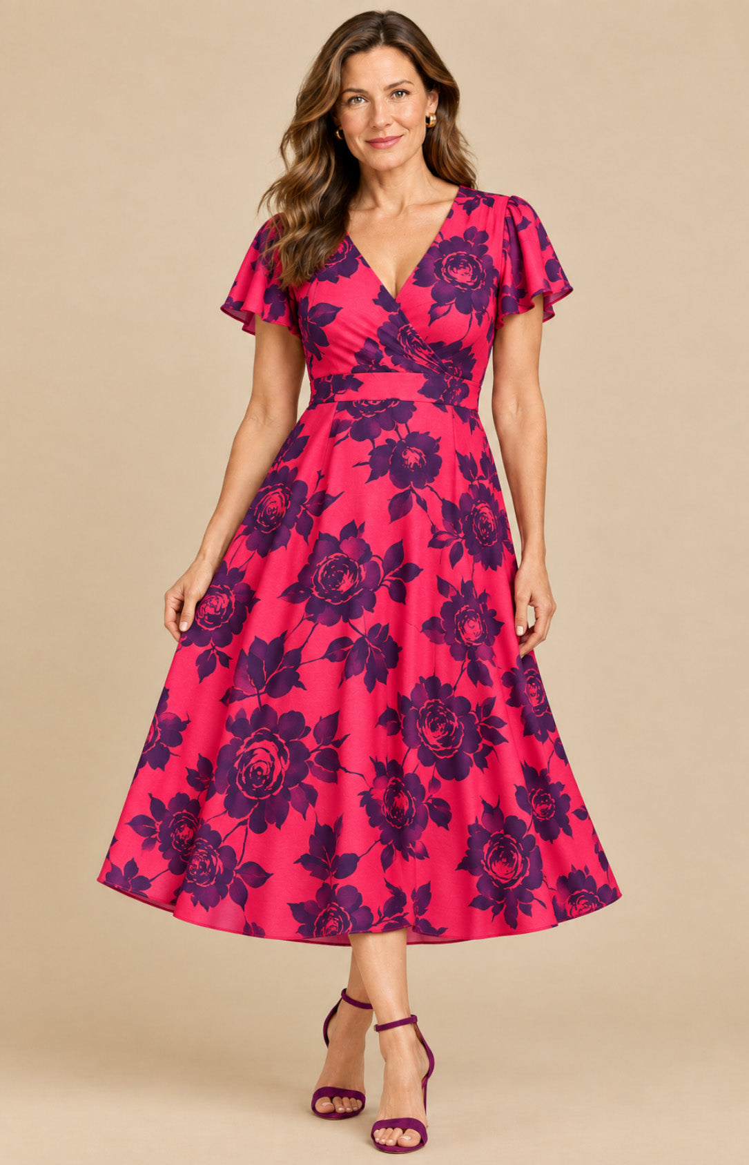 Fuchsia floral print crepe V-neck A-line mother of the bride dress front view