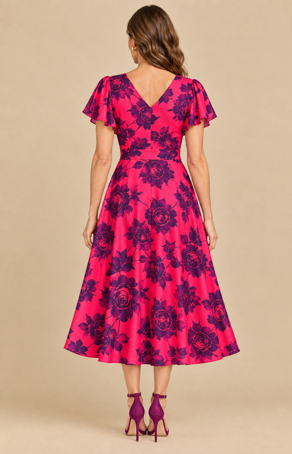 Fuchsia floral print crepe V-neck mother of the bride dress back view