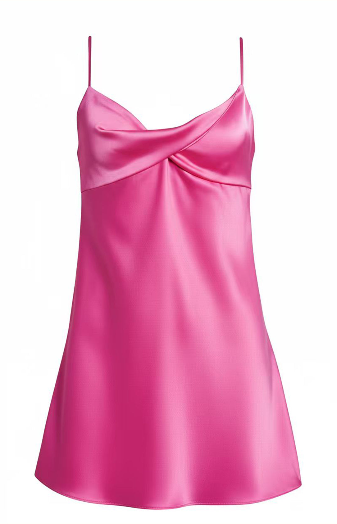 Hot pink satin spaghetti strap mini dress adjustable strap front view 