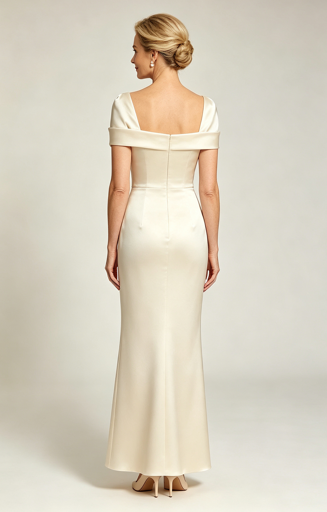 Ivory Champagne Convertible Off Shoulder Satin Mermaid Evening Gown Formal Mother of Bride Dress Back View