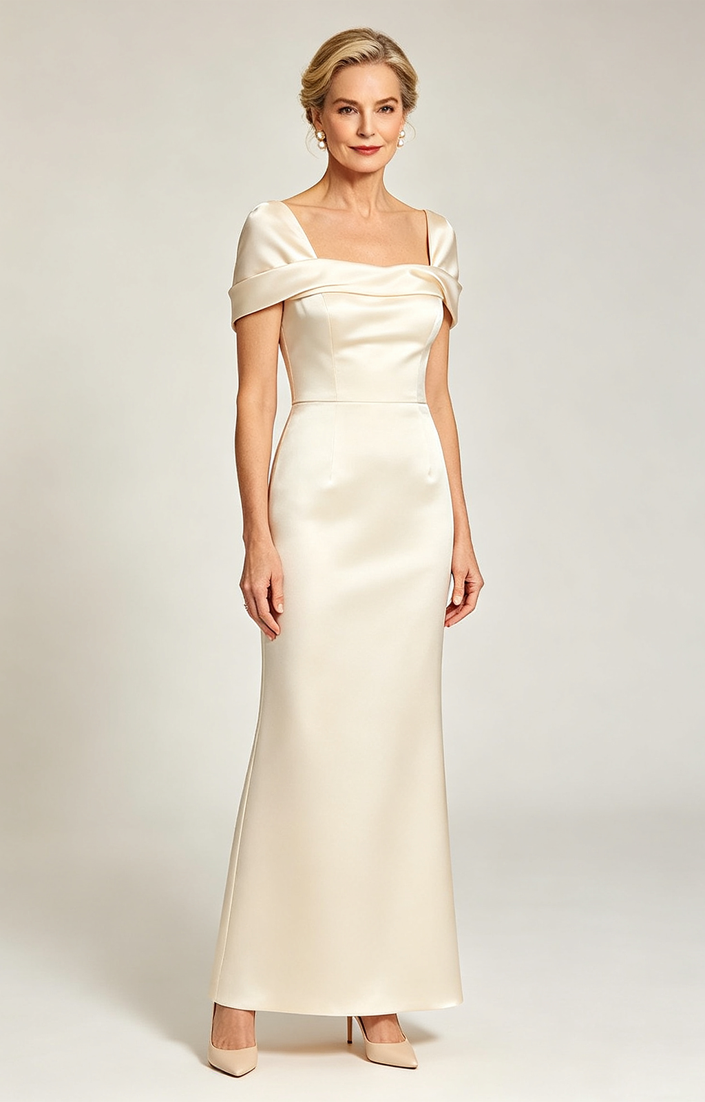 Ivory Champagne Convertible Off Shoulder Satin Mermaid Evening Gown Formal Mother of Bride Dress Front View