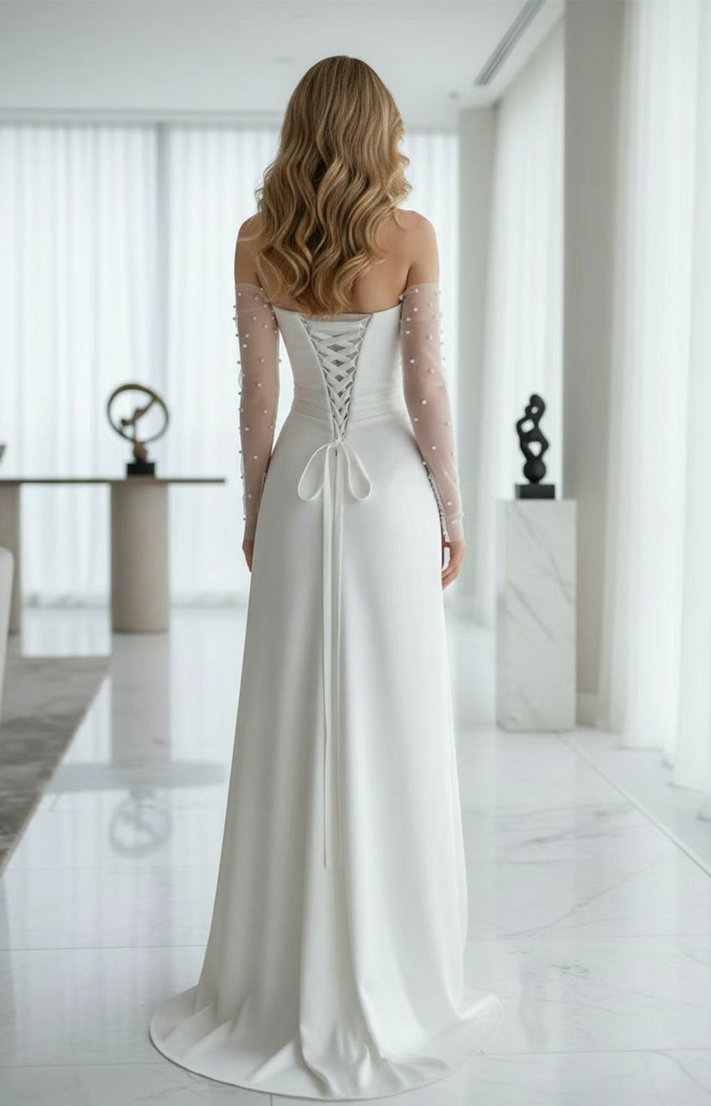 Ivory HTimeless Wedding Dress Off‑the‑Shoulder A‑Line With Beaded Detachable Tulle Long Sleeves Back View