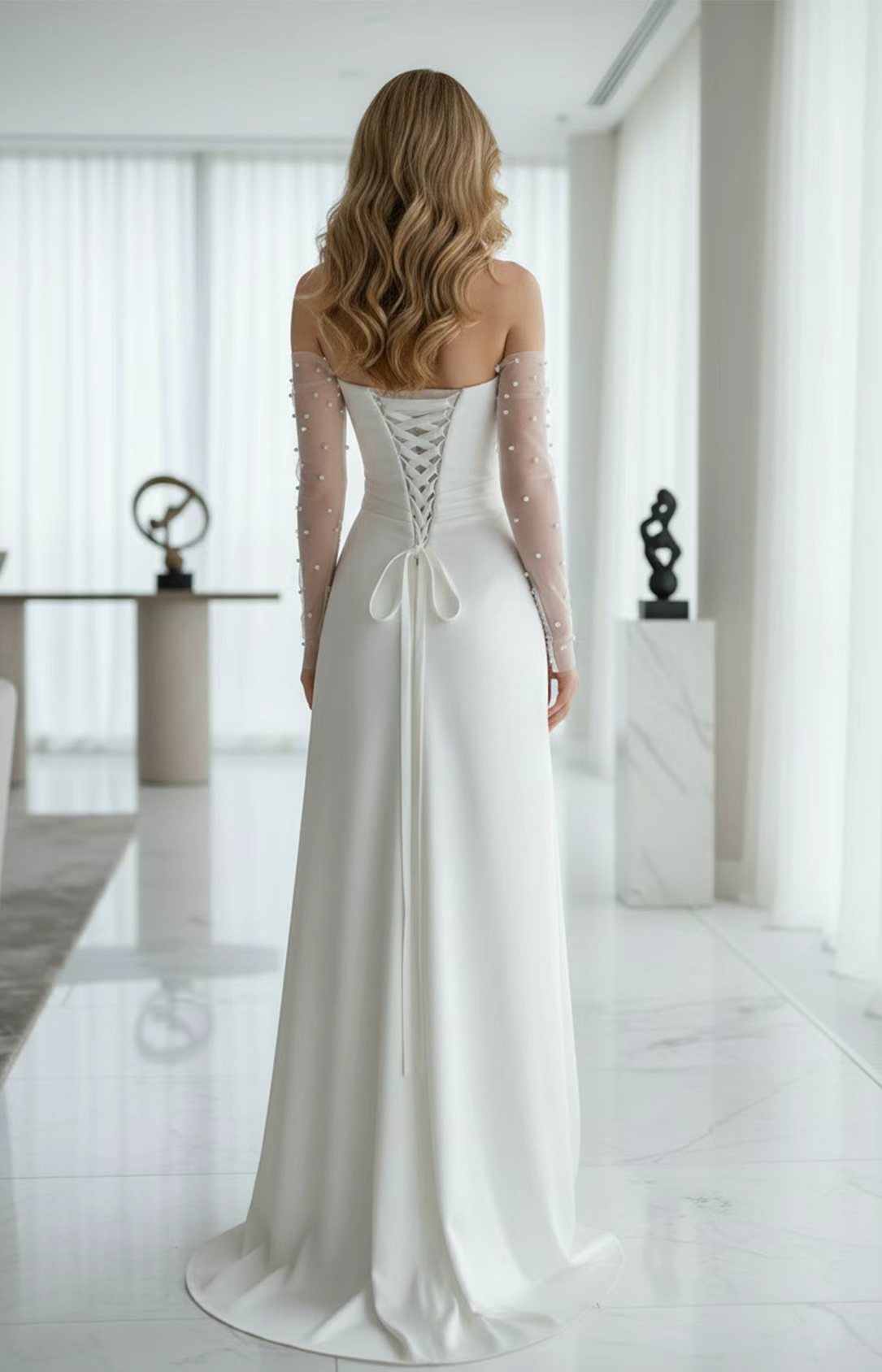 Ivory HTimeless Wedding Dress Off‑the‑Shoulder A‑Line With Beaded Detachable Tulle Long Sleeves Back View