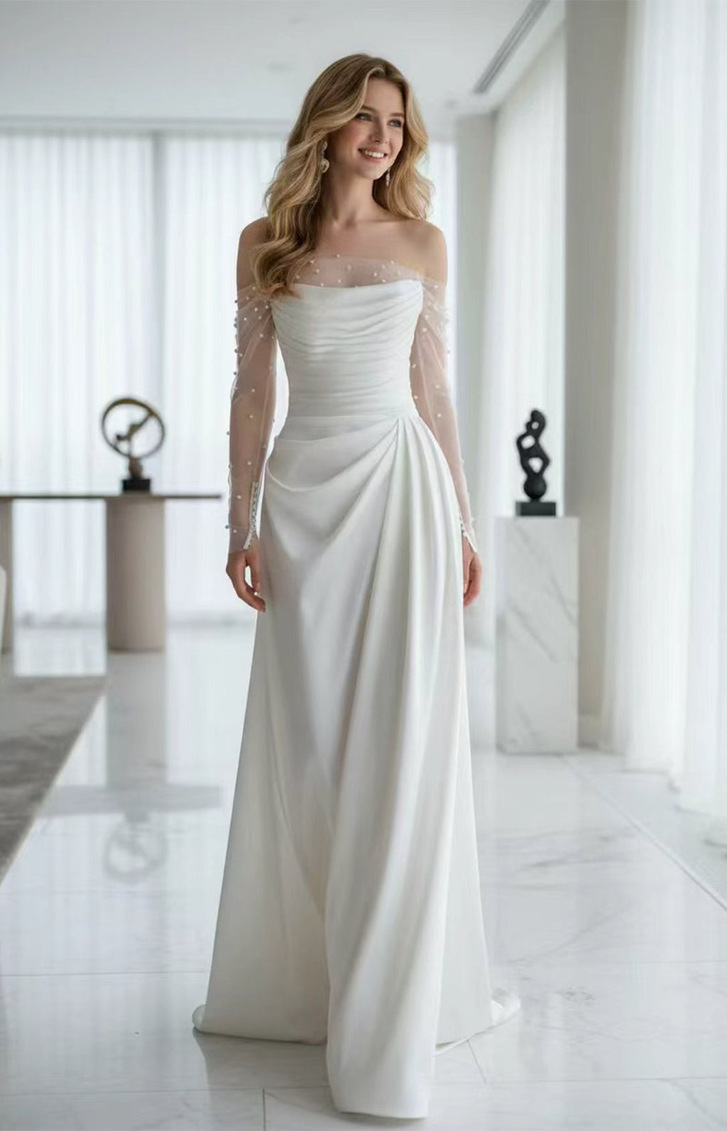 Ivory HTimeless Wedding Dress Off‑the‑Shoulder A‑Line With Beaded Detachable Tulle Long Sleeves Front View