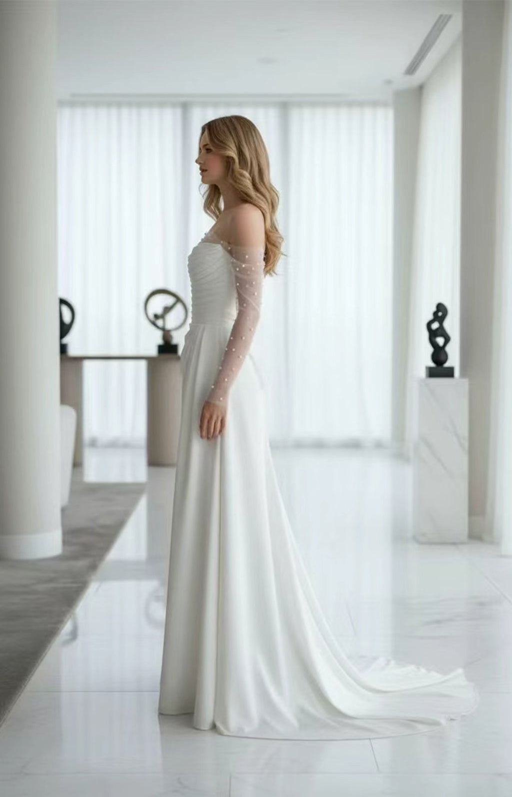 Ivory HTimeless Wedding Dress Off‑the‑Shoulder A‑Line With Beaded Detachable Tulle Long Sleeves Side 12View