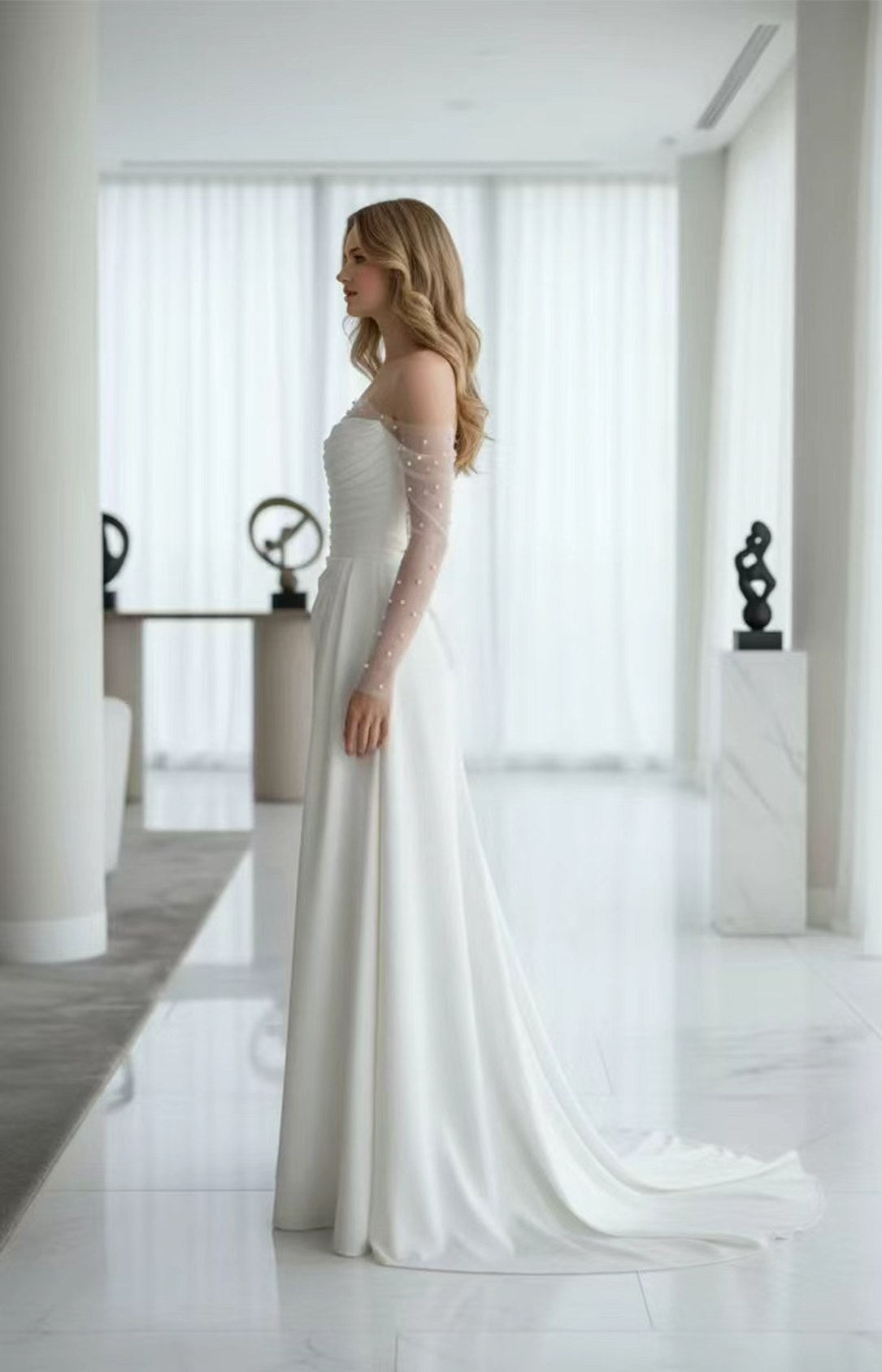 Ivory HTimeless Wedding Dress Off‑the‑Shoulder A‑Line With Beaded Detachable Tulle Long Sleeves Side 12View