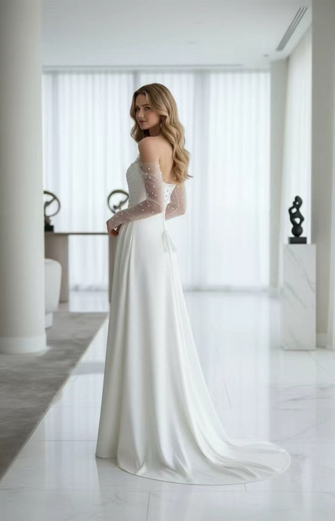Ivory HTimeless Wedding Dress Off‑the‑Shoulder A‑Line With Beaded Detachable Tulle Long Sleeves Side 1 View