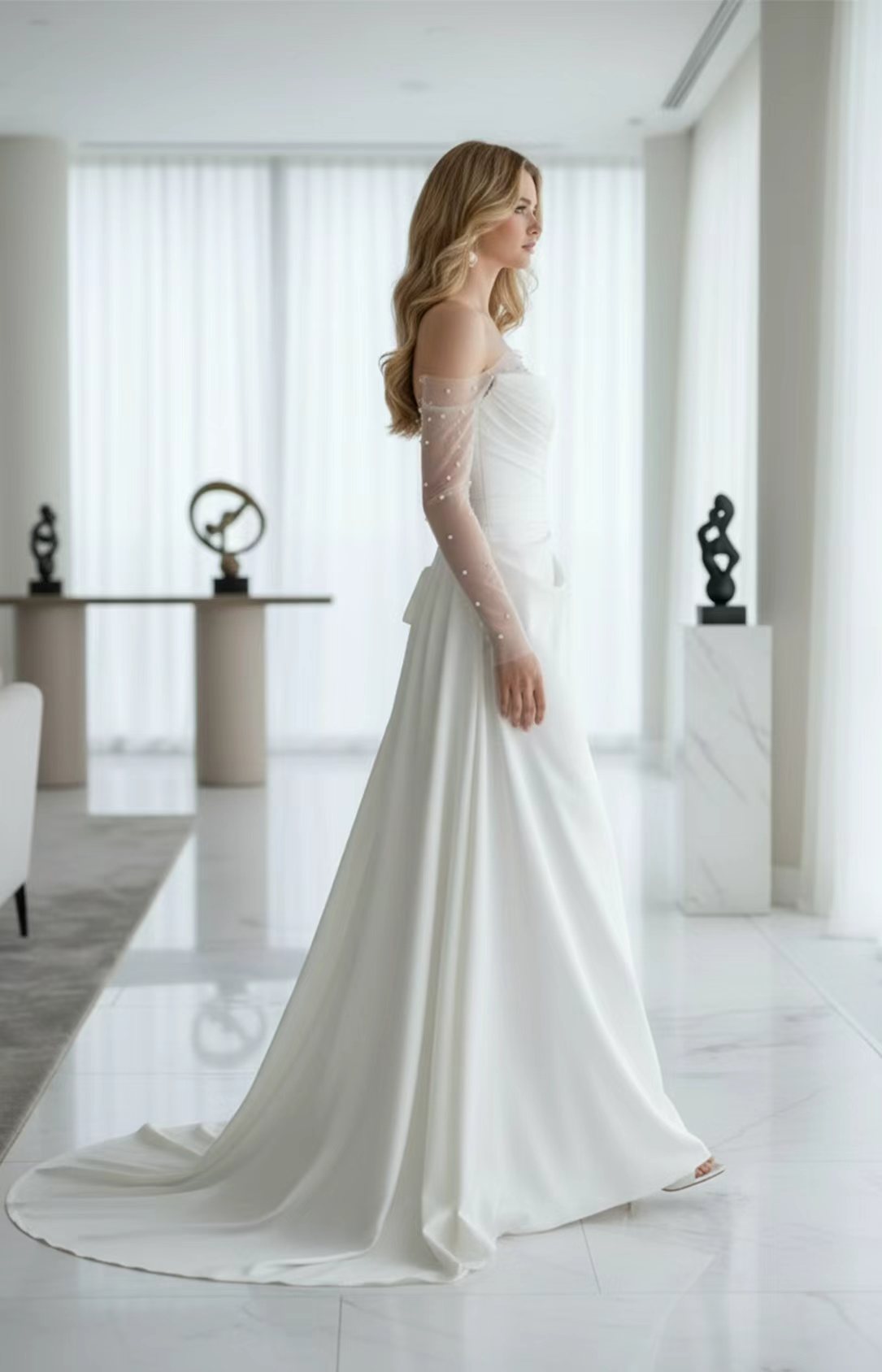 Ivory HTimeless Wedding Dress Off‑the‑Shoulder A‑Line With Beaded Detachable Tulle Long Sleeves Side View