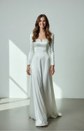 Ivory Heavy Satin Long Sleeve Wedding Dress Front View