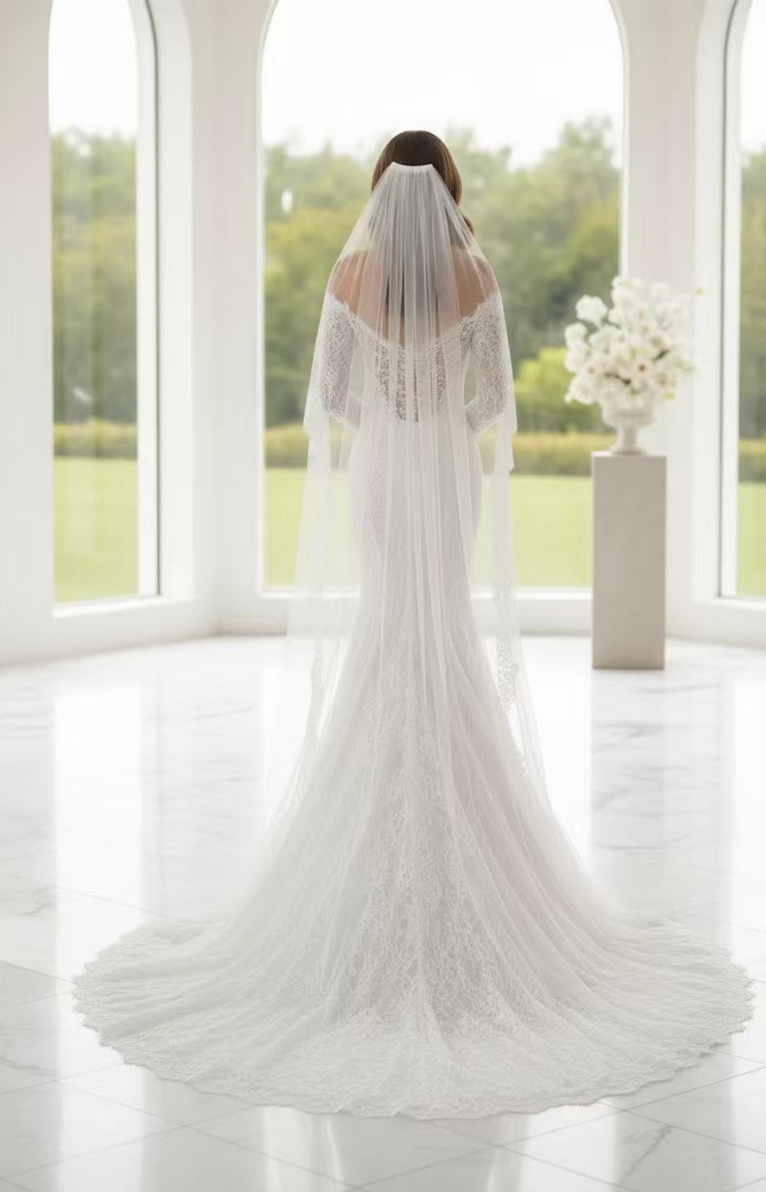 Ivory Lace Off-The-Shoulder Mermaid Wedding Dress Back View