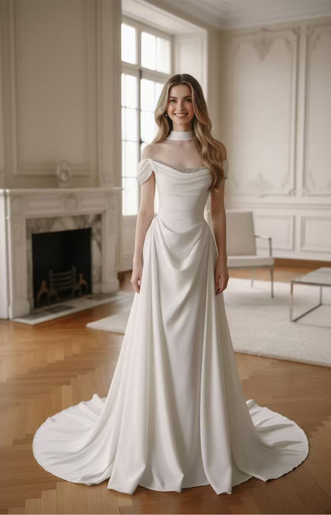 Ivory Satin Off-The-Shoulder A-Line Wedding Dress with Corset Back and Chapel Train